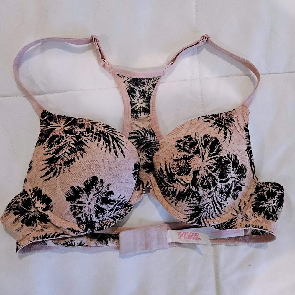 Victoria's Secret PINK Push-Up Bra 34A Peach Black Tropical Palm Lace Racerback